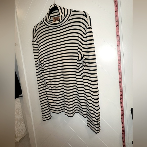 Tory Burch Stripe Turtleneck medium button cuffs long length black cream - Picture 15 of 16